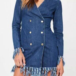 Missguided - Blue Frayed Hem Denim Blazer Dress